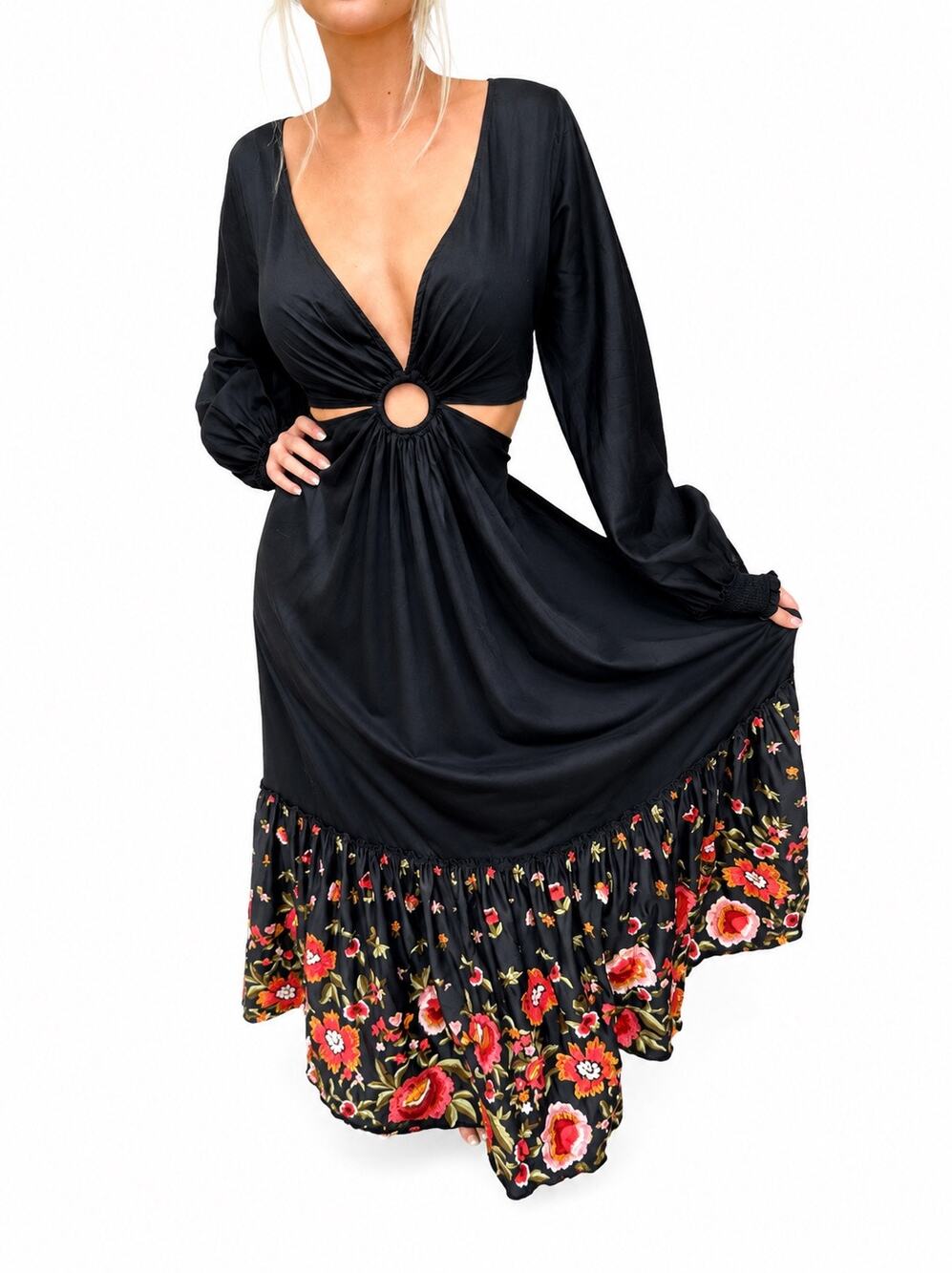 Geisha Designs Black Floral Cutout Maxi Dress